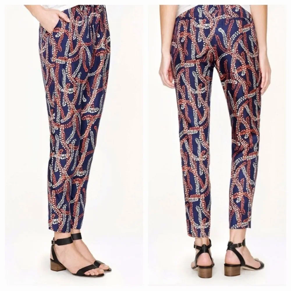 J. Crew Silk Pants Navy Coral Print Sophisticated Size 0